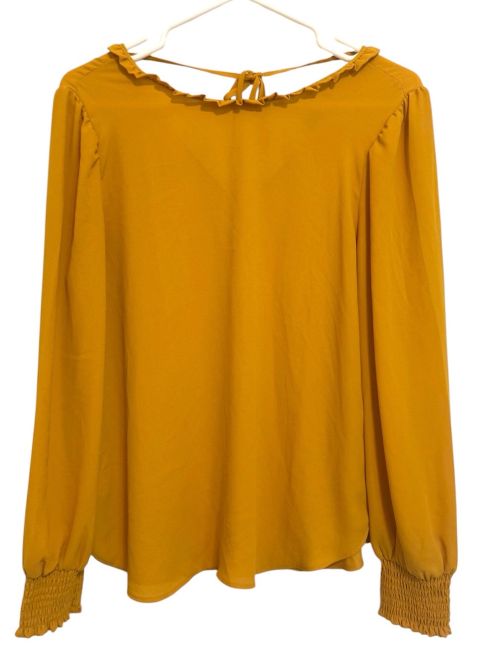 2/$30 LOFT Mustard Yellow Ruffle Tie Neck Long Sleeve Blouse Size Small